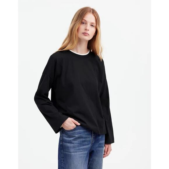 Madewell Easy Crewneck Long-Sleeve Tee Jet Black Large NS589 Capsule Minimalist - Picture 1 of 10